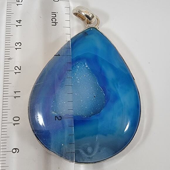 Handmade Silver Pendant Featuring Blue Druzy Agate Teardrop Crystal Slice Design - Picture 3 of 10